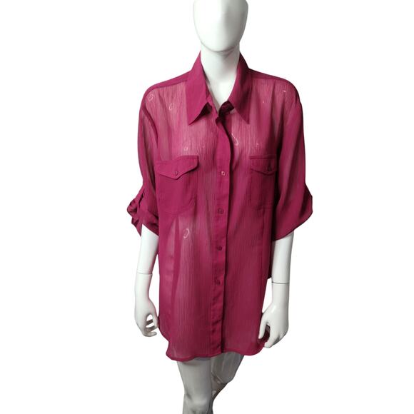 Emma James Womens Textured Button Up Classic Sheer Beachy Resortwear Roll-up 3X - Picture 7 of 12